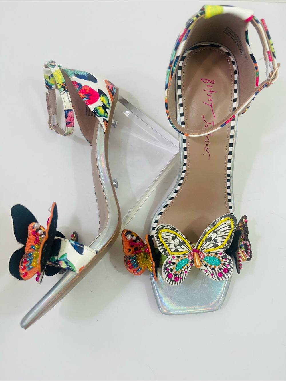 Betsey Johnson White Multicolor Butterfly Embellished Wedge Sandals - Picture 10 of 14